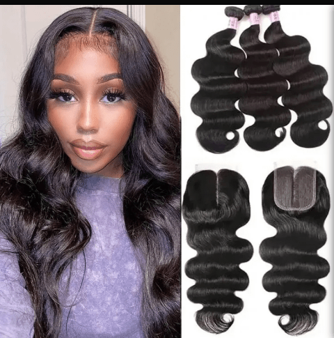 UNice Hair 3 Bundles Brazilian Body Wave With T Part Lace Closure