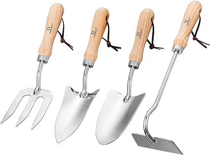 Garden Hand Tools Kits with Wood Handle and Stainless Steel Head，Trowel, Hoe, Shear -Image; Amazon Garden Essentials Must Haves For Every Gardener https://www.charlenegardiner.com