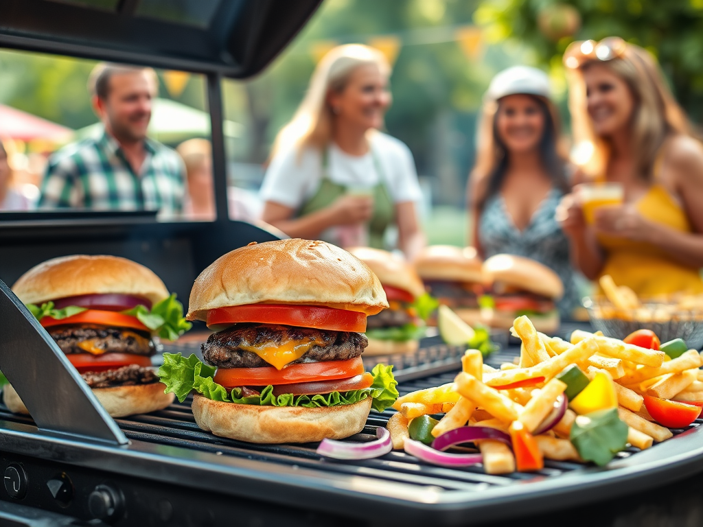 A grill with freshly prepared burgers and a side of fries, surrounded by people enjoying a summer cookout.
