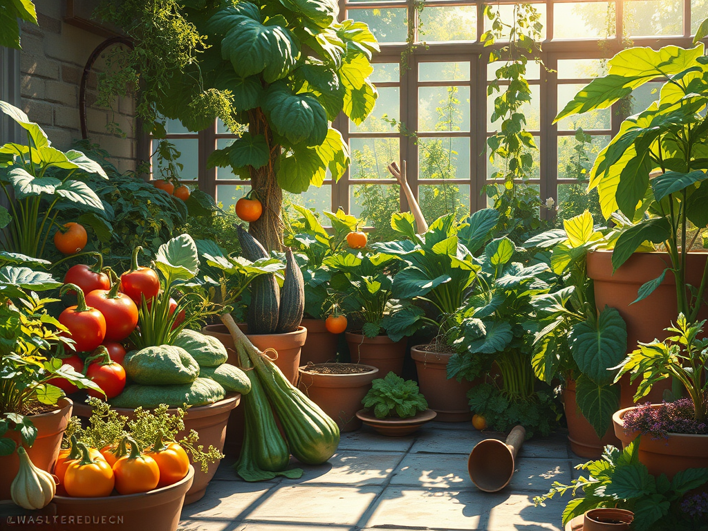 A sunlit indoor garden filled with vibrant green plants and colorful vegetables, including tomatoes, peppers, and squash, arranged in pots.