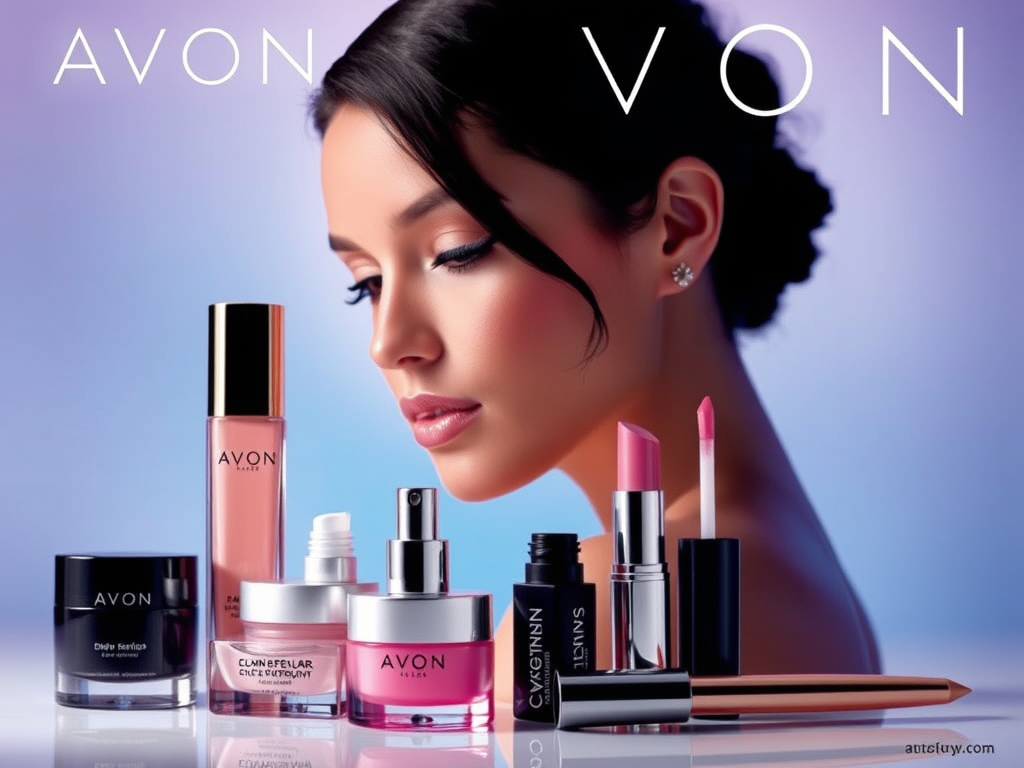 A close-up image of a young woman with a smooth complexion, showcasing her profile. She is surrounded by various Avon cosmetics products, including skincare and makeup items, against a soft gradient background.