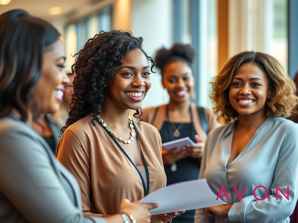 A group of young women smiling and engaging in conversation, representing confidence and professionalism, with an emphasis on the Avon brand.