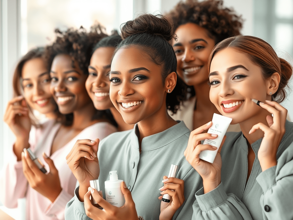 A group of five young women smiling and holding various Avon cosmetic products, showcasing their enthusiasm for skincare and beauty in a bright, inviting setting.