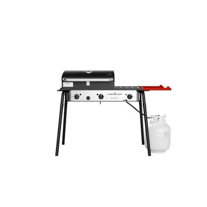 A portable gas grill with multiple burners and a propane tank, designed for outdoor cooking and grilling.