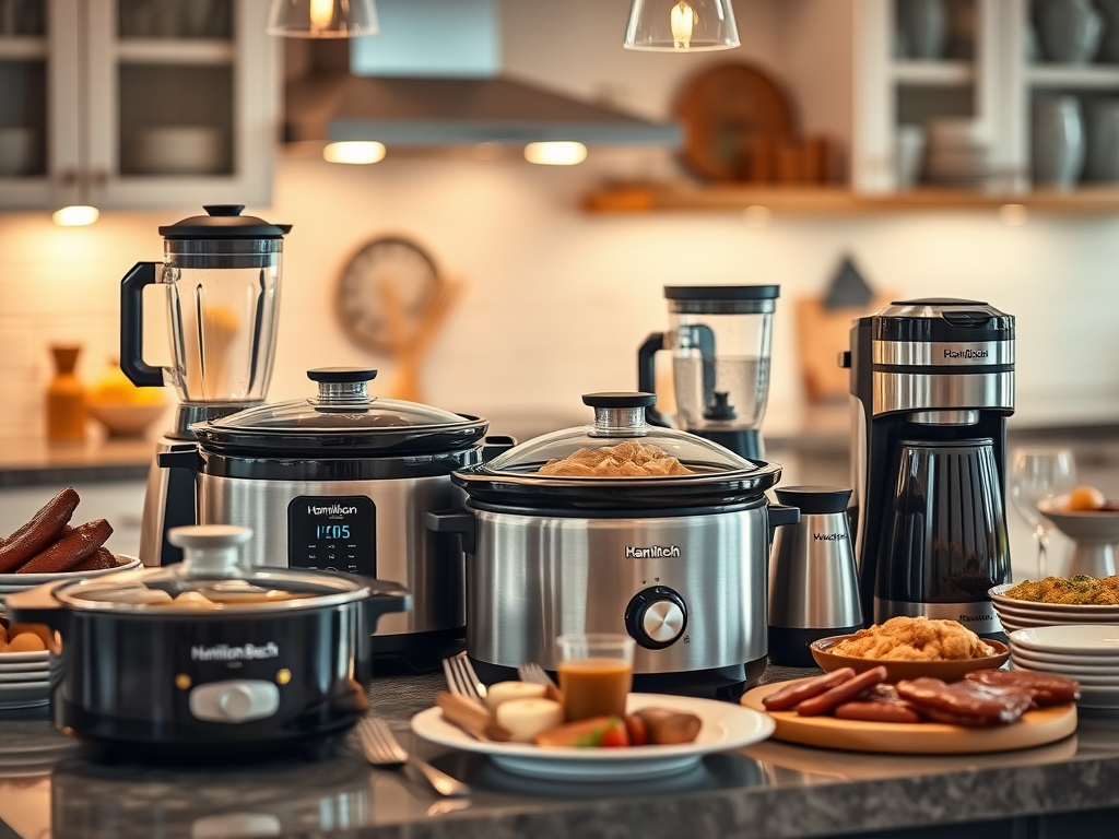 A collection of Hamilton Beach kitchen appliances, including slow cookers, blenders, and food processors, arranged on a kitchen countertop alongside a beautifully presented meal.