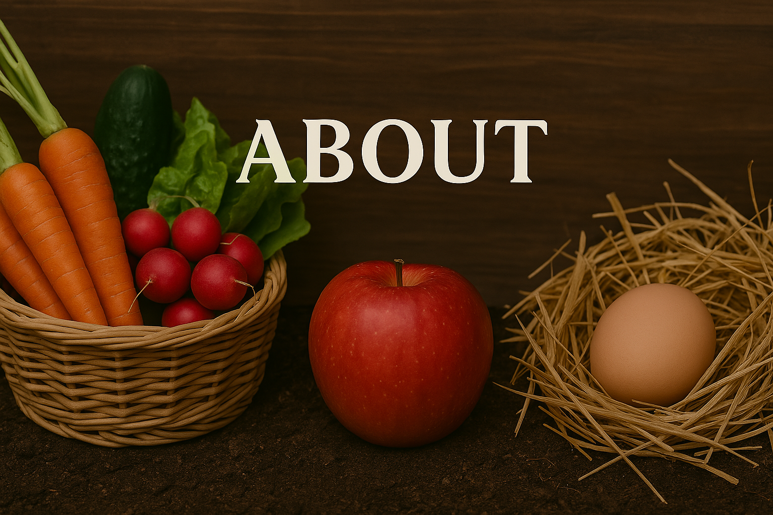 A picnic basket filled with fresh vegetables including carrots, radishes, cucumber, and lettuce, alongside a red apple and a brown egg resting on hay.