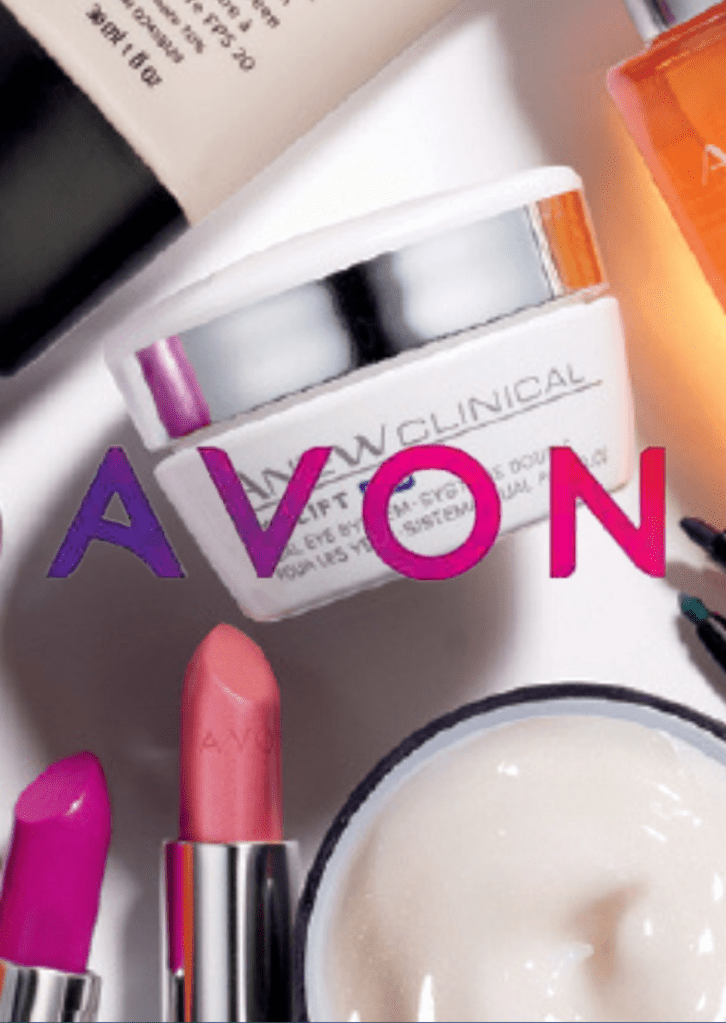 An array of beauty products including lipsticks, a skincare cream, and an eye treatment, with the brand name 'AVON' prominently displayed.