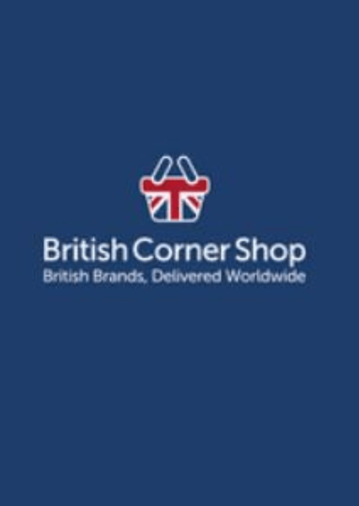 Logo of British Corner Shop featuring a shopping basket and the text 'British Brands, Delivered Worldwide' on a blue background.