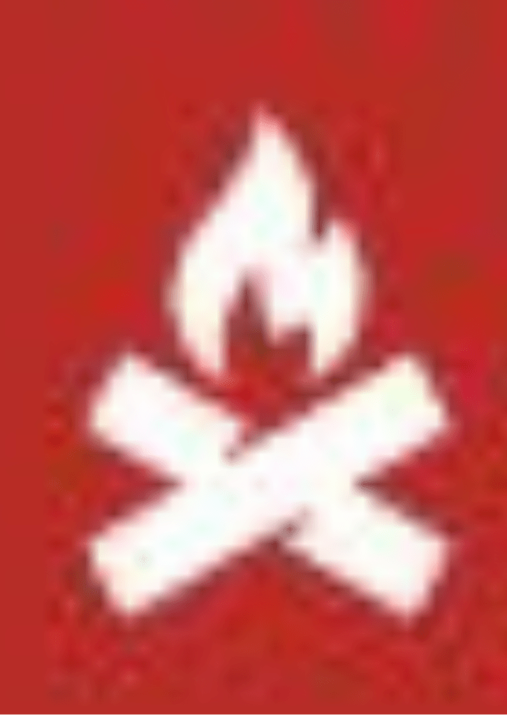 A Camp Chef flame icon with a red background and a white crossed-out symbol beneath it.