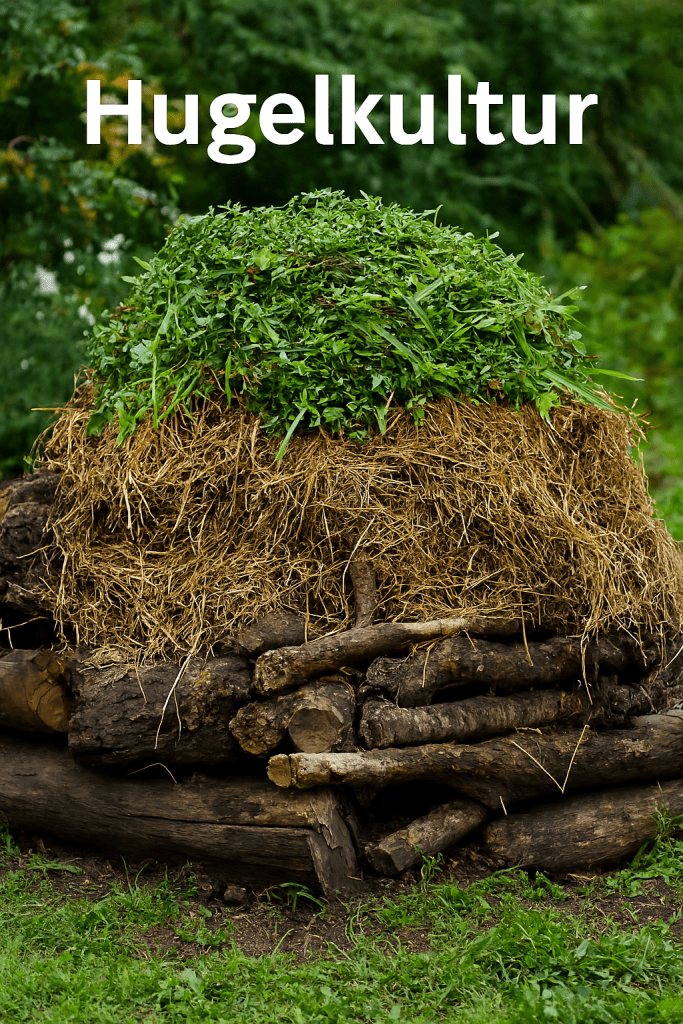A hugelkultur mound made of logs and organic matter, promoting moisture retention and nutrient cycling in gardening.