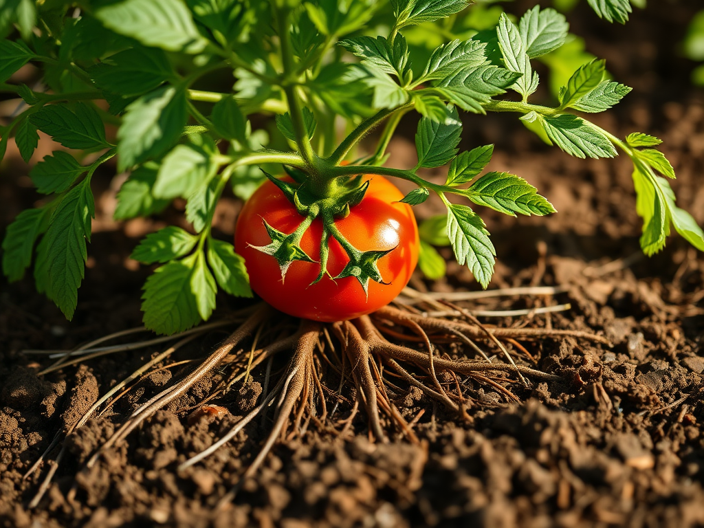 Close-up of a tomato plant with lush green leaves and a ripe red tomato, showcasing visible roots in rich soil.