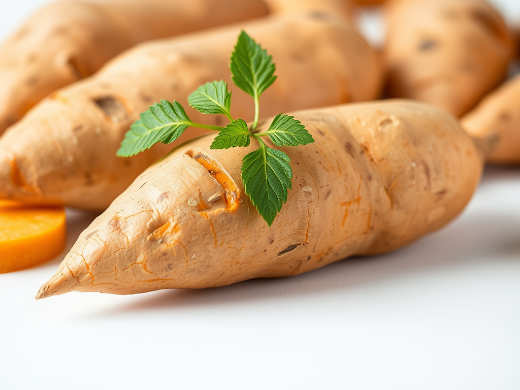 A close-up view of fresh sweet potatoes with a small green leaf sprouting from one of them, set against a light background.