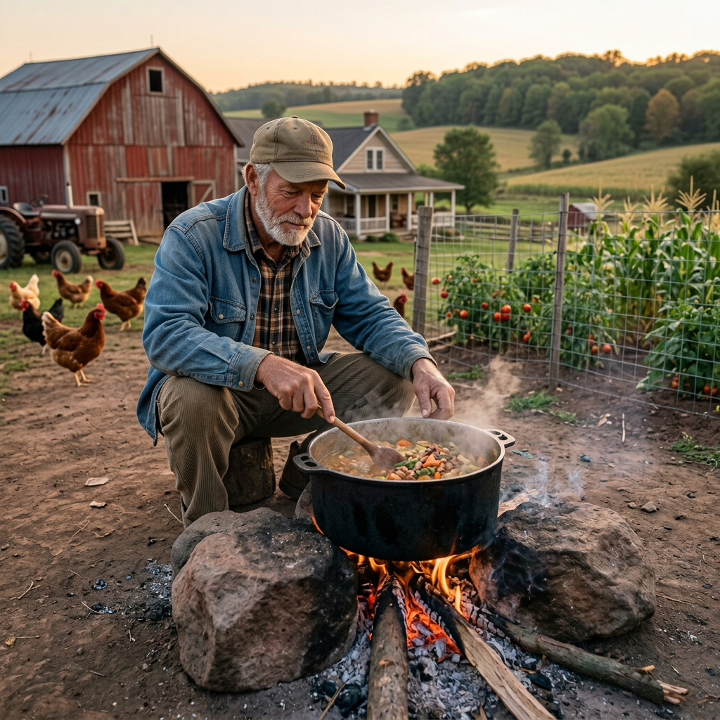 Rural farm cooking over open fire Elderly man stirring vegetable stew in a pot over an open fire on a farm with chickens and garden in background