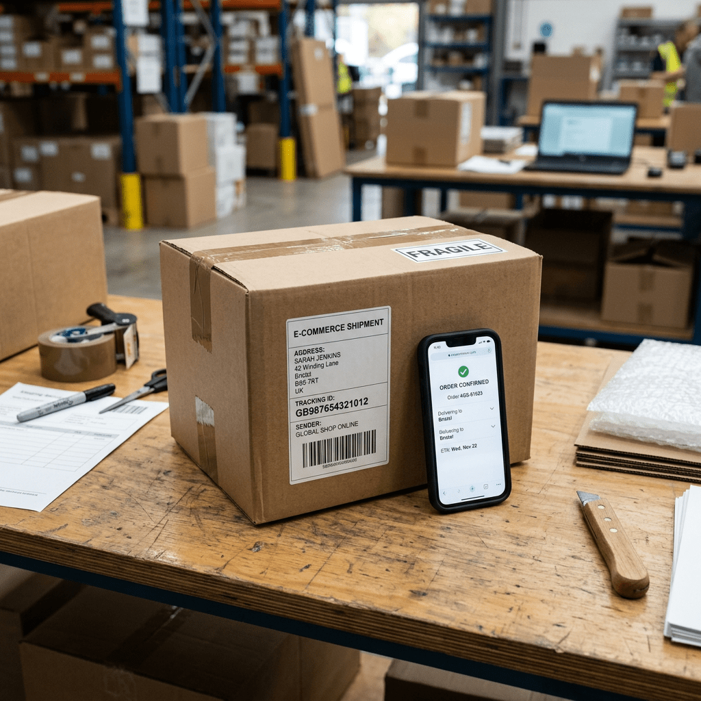 Cardboard box labeled for e-commerce shipment with shipping details and a smartphone displaying order confirmation on a wooden table in a warehouse