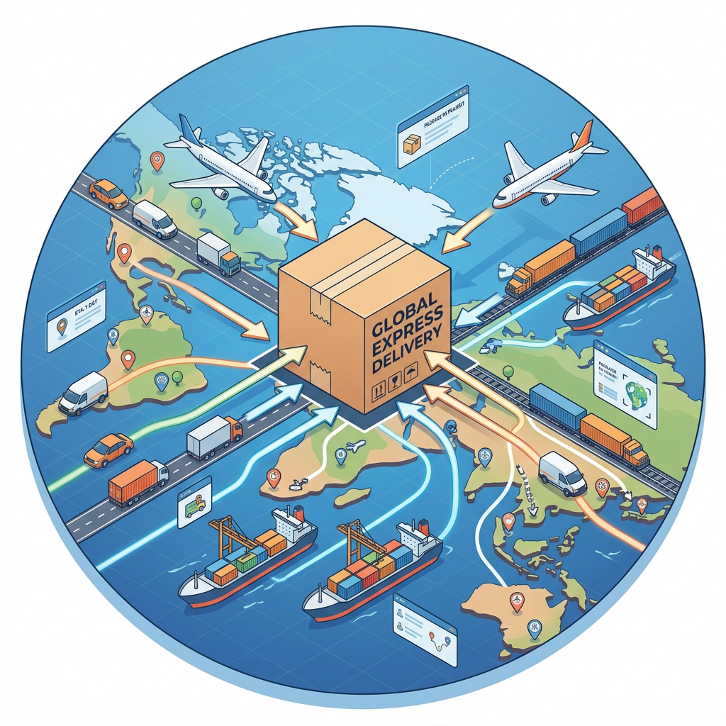 Global express delivery package connected by planes, trucks, ships, and trains around world map