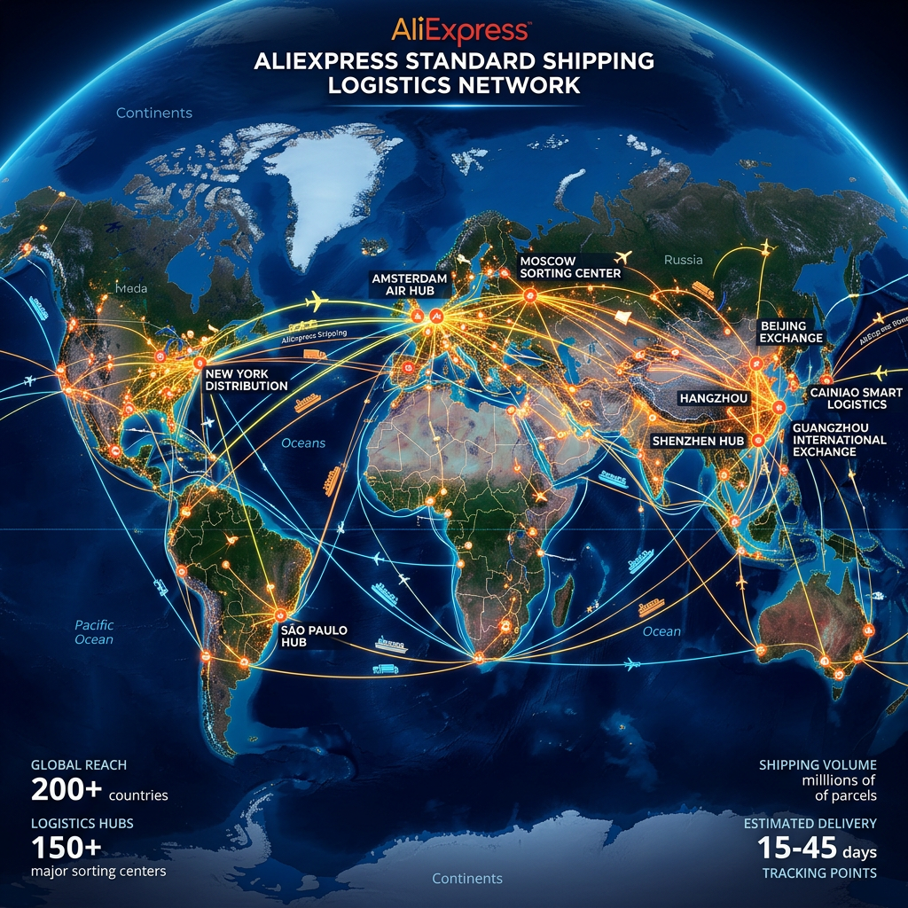 Global map of AliExpress shipping routes and logistics hubs across continents