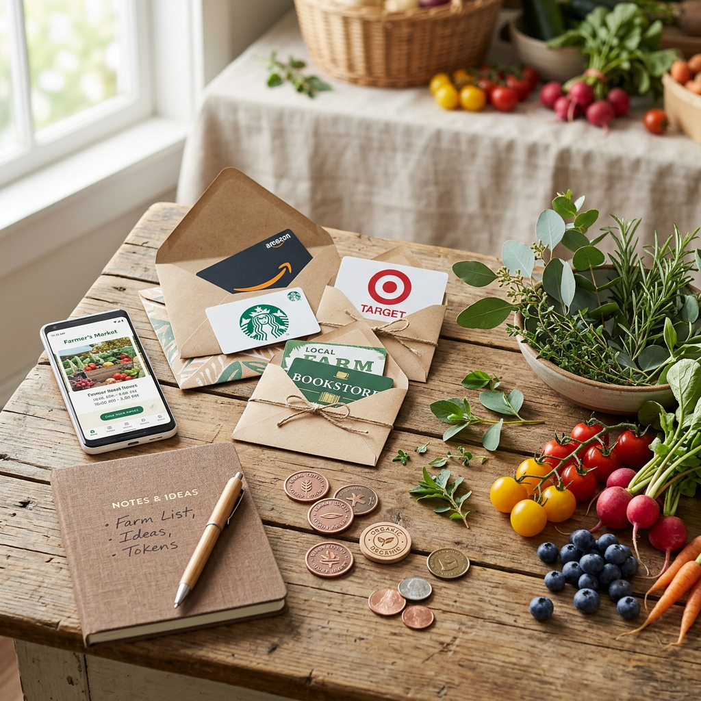 Rustic table with Amazon, Target, Starbucks, and local farm bookstore cards, produce, phone, notebook, and coins